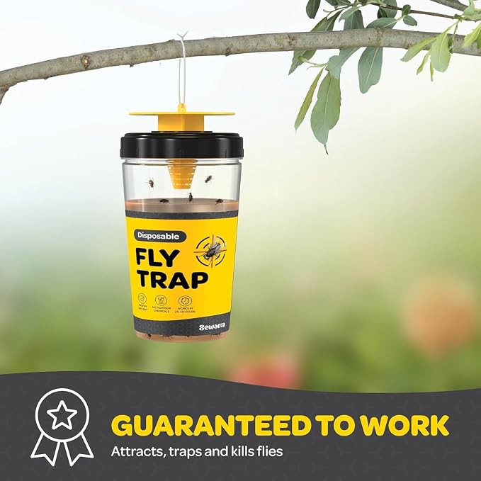 Outdoor Fly Trap [Set of 4] Fly Traps with Dissolvable Non-Toxic Bait - Fly Repellent for Outdoor Use Only - Controls Flies for Patios, Barns, Ranches Etc. Hanging Fly Traps with Tie Included