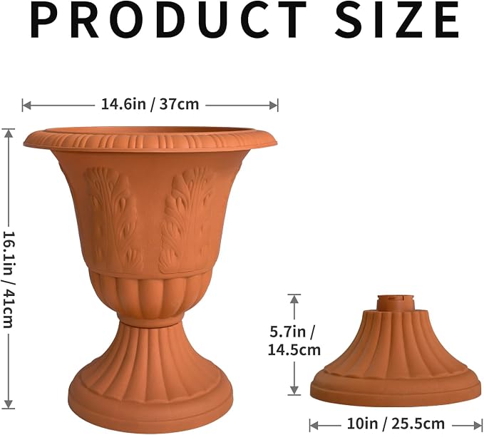 Set of 2 Goblet-Shaped Plastic Planter Urns, Terracotta, Dia 14.6" Large | OUMUHE elegant plastic flower pots with secure buckle base & porous drainage for outdoor porch plants, 16" H × 14.5" D