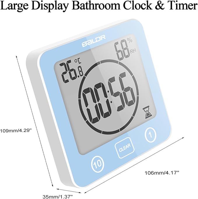 Rohome Digital Timer Waterproof Wall Clock, Kitchen Countdown Timer, Shower Clock with Temperature Humidity, Mirror Suction Cup Bathroom Timer, Wall Hanging for Bath Spa Basement Swimming Pool (Blue)