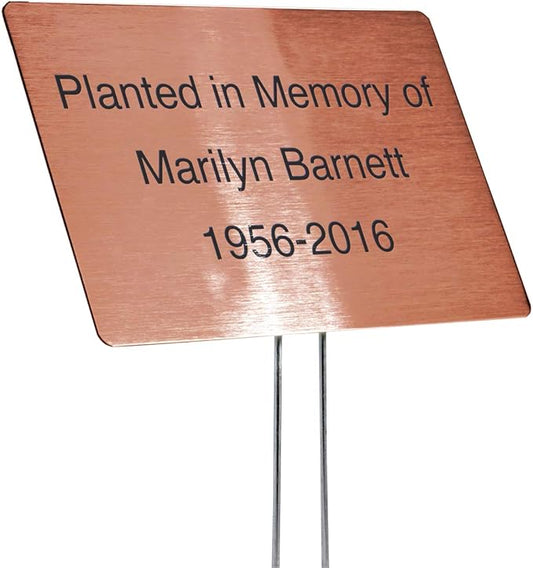 Outdoor Metal Garden Sign, Label, or Memorial. 4 x 2" or 6 x 4" sign with rounded corners and a 10" stake. Materials Include: Stainless Steel, Brass, Copper, Bronze and Titanium. (Copper, 4 x 6")