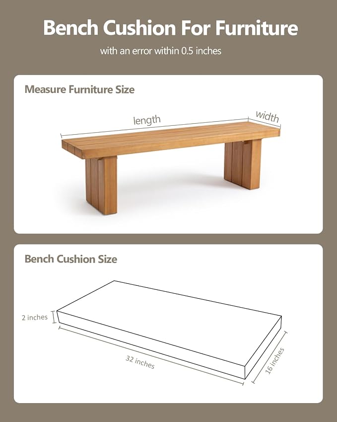 32x16x2 Outdoor Bench Cushion, Strengthen Waterproof Seat Cushions, High-Density Bench Pad with Anti-Slip Bottom, Outdoor Cushion for Patio Garden Swing Furniture - Khaki