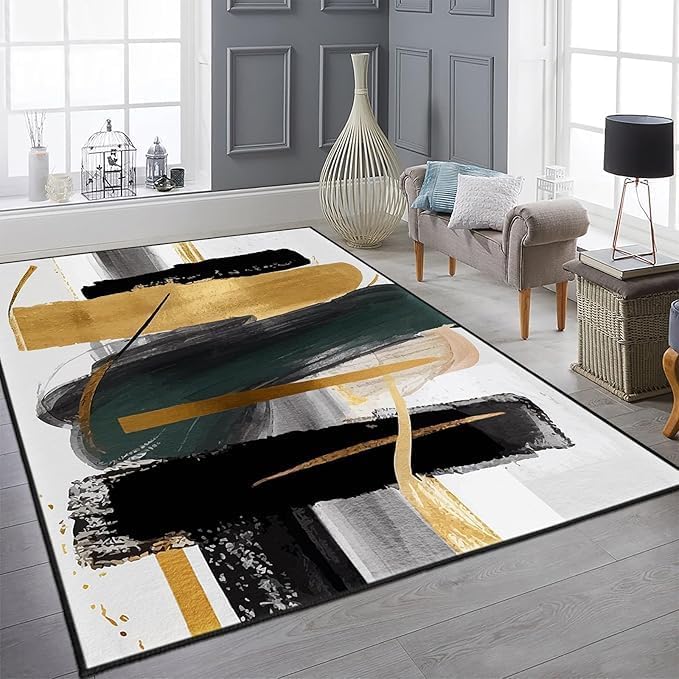 9CH Black White Gold Area Rug 7' X 5' Modern Abstract Rugs for Living Room | Soft Non-Slip Stain Resistant Carpet Washable Stain Resistant Bedroom Dining Room