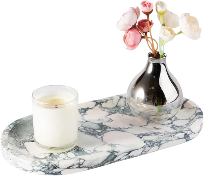 Koville Natural Marble Tray for Bathroom Countertop, Marble Vanity Trays for Perfume, Cosmetics, Jewelry, Decorative Tray for Dresser Organizer, Stone Storage Trays for Bathroom Decor(Grey)
