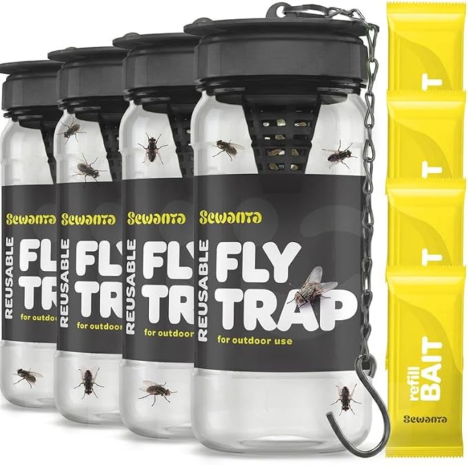 Outdoor Fly Trap [4 Pack] Fly Traps Outdoor with Dissolvable Non-Toxic Bait - Fly Repellent for Outdoor Use Only - Controls Flies for Patios, Barns, Ranches Etc. Hanging Fly Traps with Tie Included