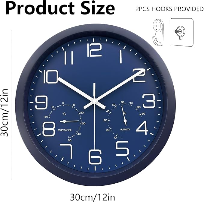 12 Inch Analog Wall Clock with Temperature and Humidity, Battery Operated Non-Ticking Silent Tempered Glass Large Numbers Clocks for Living Room Bedroom Office Kitchen Farmhouse Outdoor, Blue