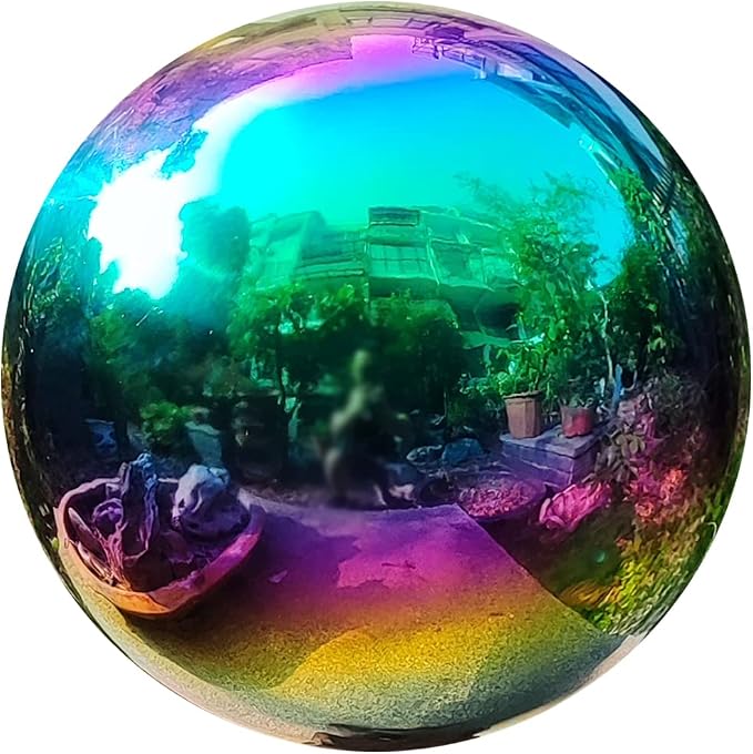 35cm/14 inch Garden Sphere Mirror Gazing Ball,Rainbow Stainless Steel Polished Reflective Smooth Hollow Globe Ball,Durable Colorful and Shiny Decorations Addition to Garden Patio Yard Home