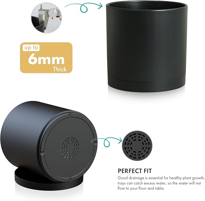 WSMKSZ 8 Inch Medium Plant Pots for Indoor Outdoor Plants, Cylinder Deep Flower Pots with Drainage Holes & Saucer, Decorative Plastic Planter Pots for Garden House Plants, Black