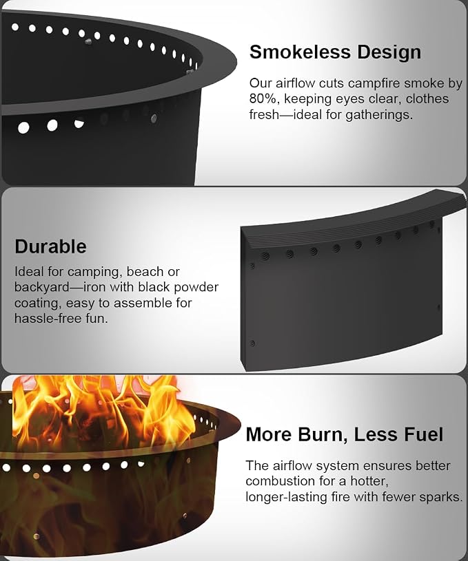 36 Inch Smokeless Fire Pit Ring Insert Outdoor, Heavy Duty Metal Steel DIY Firepit Rim Liner Round Campfire Rings for Outside Wood Burning Above or In-Ground, Black