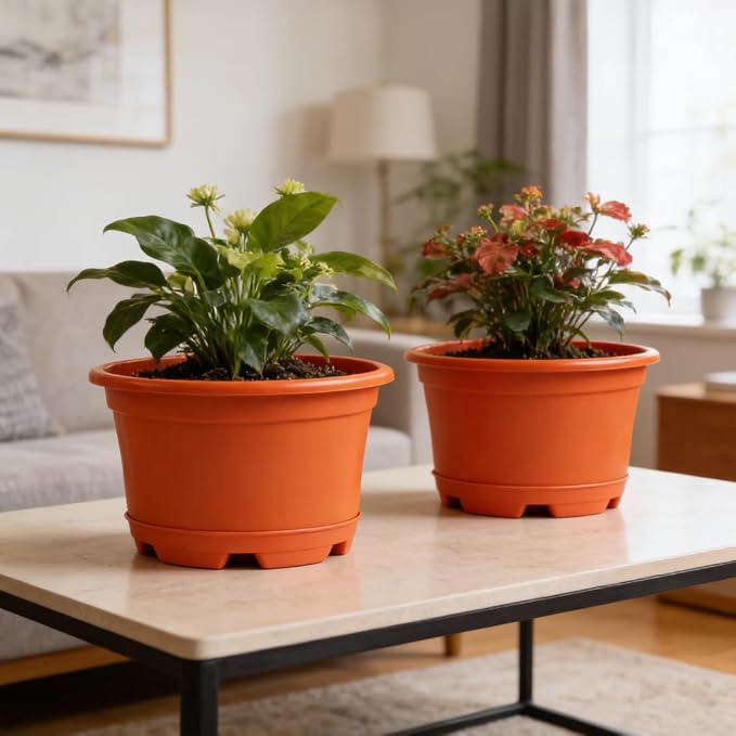 KPUVX 5 Pack 8.5 inch Plant Pot,Outdoor Flower Pots,Plastic Pots for Plants Indoor with Drainage Holes and Trays, Decorative Garden Containers Sets for Houseplants