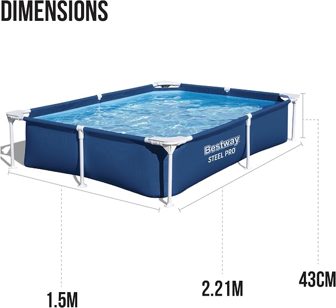 Bestway 56401 Steel Pro Pool | Swimming Pool, Rectangle Above Ground Fast Set Pool, Children’s Detachable Pool, Multiple Sizes, Blue, 221 x 150 x 43 cm | Rectangular Frame Swimming Pool, Puncture-Rust Resistant Garden Pool, Easy Assemble