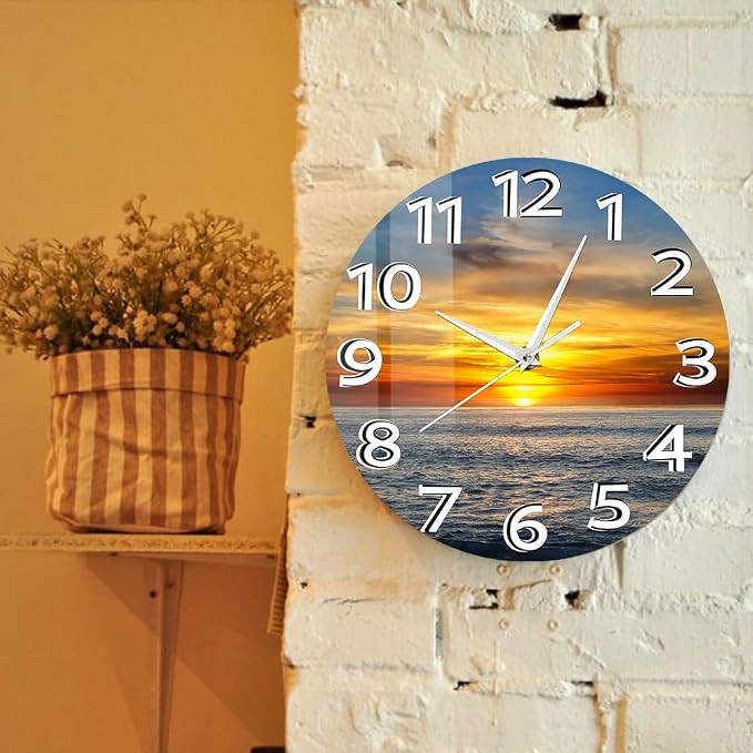 15 Inch Sunset Ocean Wall Clock, Beautiful Landscape Wall Art Clock Large Numbers Easy-to-Read Modern Decorative Silent Non Ticking Wall Watch Clock Battery Operated for Bedroom Living Room