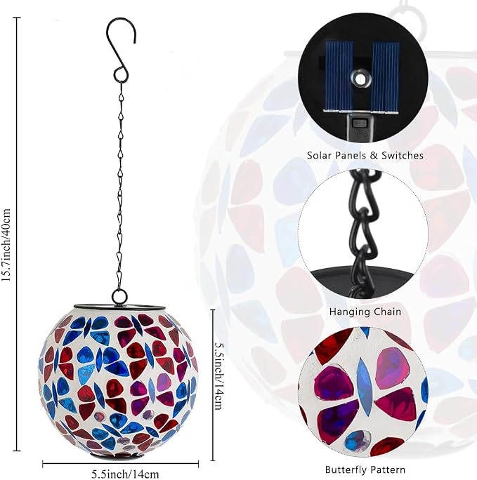 Solar Hanging Lanterns Red Blue Glass Mosaic Gazing Ball Globe Hanging Lantern Lights Outdoor Waterproof for Patio Garden Yard Home Decor (Colorful Butterfly)