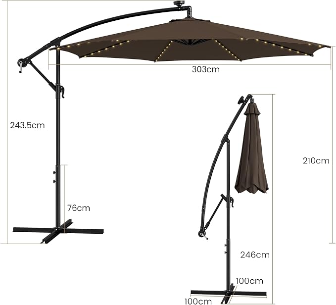 HAPPYGRILL 10FT Cantilever Patio Umbrella with Solar Lights, Outdoor Hanging Offset Umbrella with 112 LED Lights, Tilt Design, Crank Handle, Cross Base Stand for Garden Yard Deck