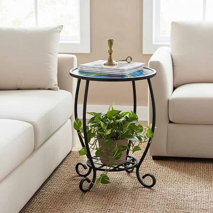 LIFFY Patio Side Tables,14" Indoor Outdoor Metal Side Table with Glass Tabletop,Round Decorative Plant Stand & Accent Table for Garden, Yard, Balcony, Backyard, Porch