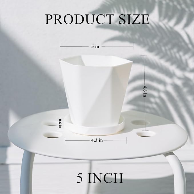 InmeRun Plant Pots Indoor Plastic Flower Pots Outdoor 5 inch Set of 12 Pack with Drainage Holes and Saucers for Garden Pots (5 in 12 White)