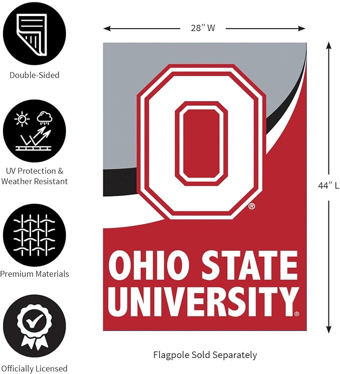 NCAA Ohio State University House Flag, 28 x 44, Double Sided Garden Flags for Outside, Outdoor College Flags & Banners for Gardens Patio, Indoor Wall Decor Flag for Room