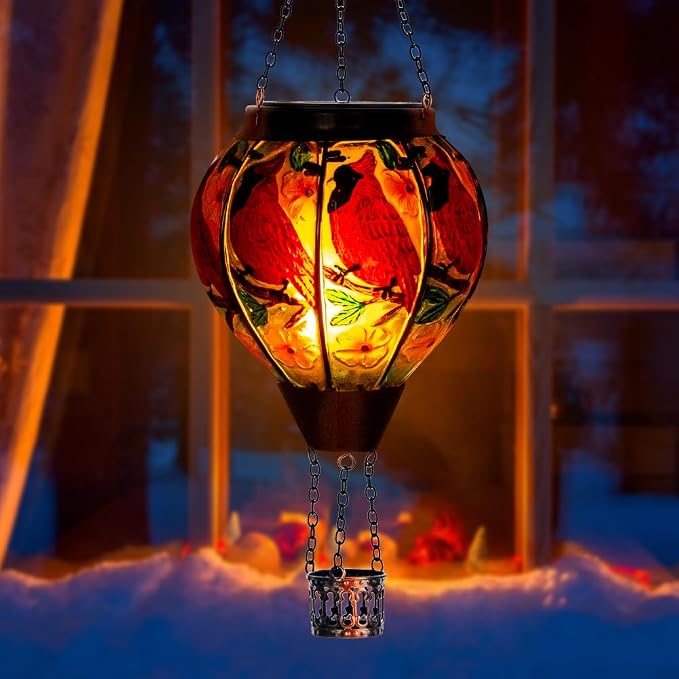 DREAMSOUL Cardinal Hot Air Balloon Solar Lantern, Hanging Solar Lanterns Outdoor with Flickering Flame Light, Glass Outdoor Lantern Waterproof for Patio Yard Party Gift Decor