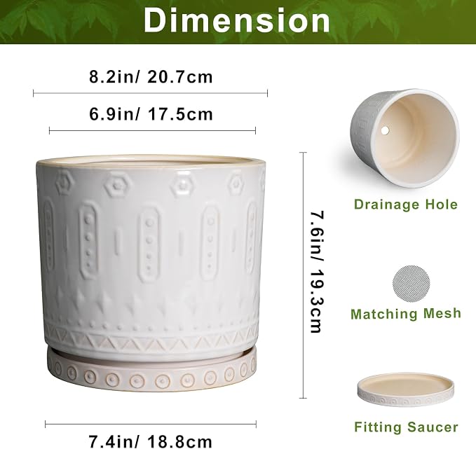 Eightpot 8 Inch Plant Pot, Ceramic Planter for Indoor Plants Outdoor, Round Planter with Drainage Hole and Tray, Boho Flower Pot, Decorative Pots for Plants, Home Decor, Plant Lover Gifts, White