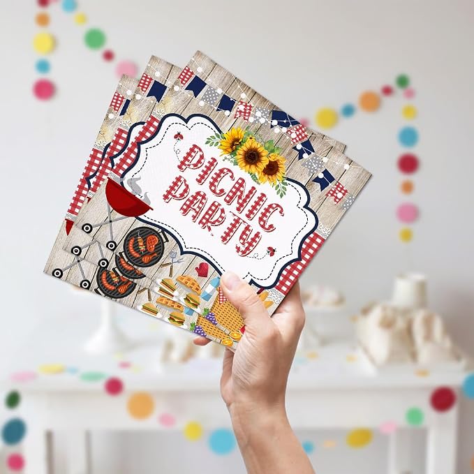 Picnic Party Tableware Set 96 Pcs Disposable Plates Napkins Forks BBQ Birthday Brunch Red White Checkered Sunflower Outdoor Party Decorations Serve 24 Guests