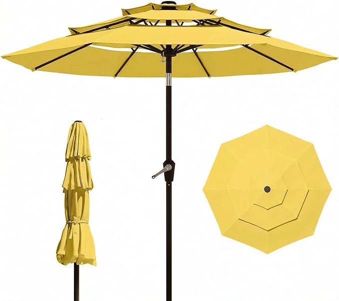 10FT Patio Umbrella 3 Tiers Outdoor Market Umbrella w/Push Button Tilt, Crank, UV and Waterproof Table Umbrella for Garden, Pool, Backyard, Deck, Lawn, Sunshine Yellow
