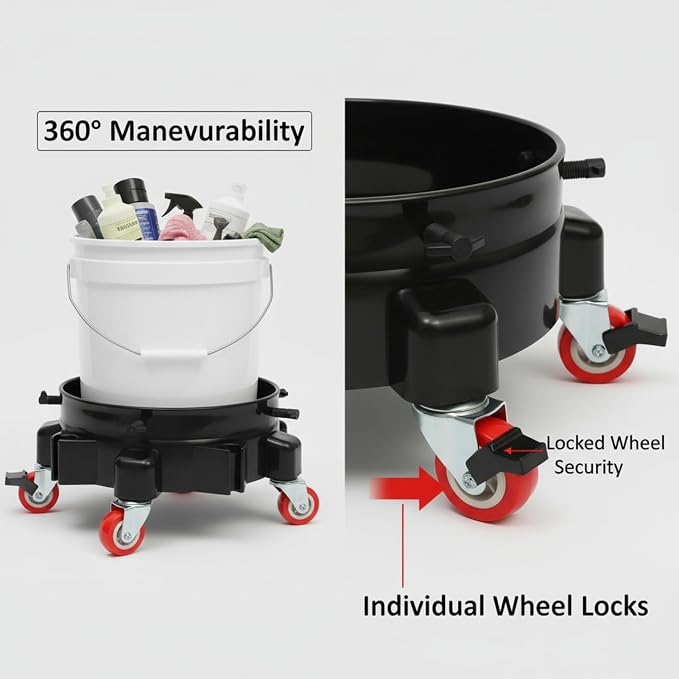5 Gallon Bucket Dolly with 2 Lockable Swivel Casters, Adjustable Side Screws Secure Bucket, 300LB Capacity, Smooth Rolling Mobile Base, Easy Assembly for Car Wash Detailing & Gardening