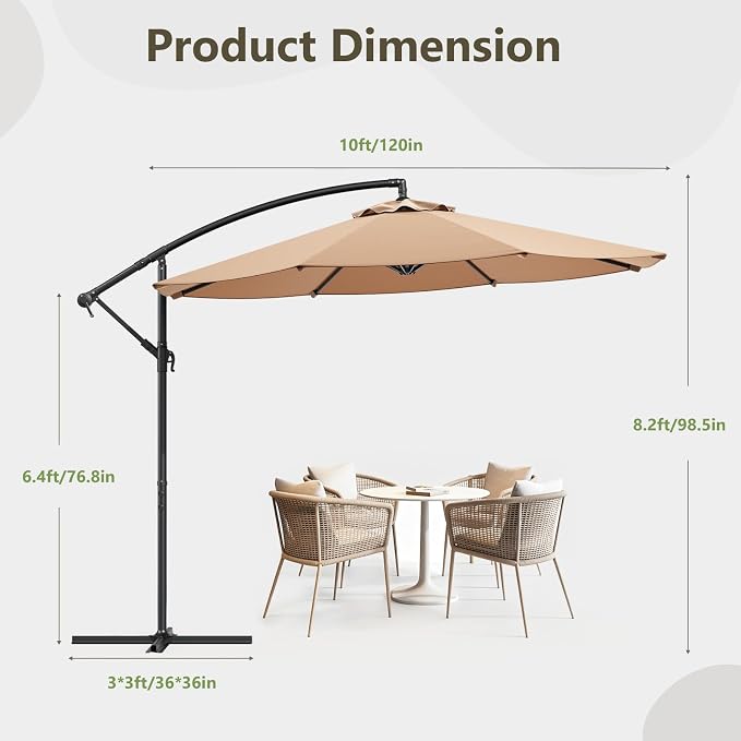 10FT Patio Umbrella, Cantilever Outdoor Umbrella with 360° Rotation & Tilt Adjustment, Offset Patio Umbrella with UV-Resistant Waterproof Canopy for Backyard, Pool, Garden