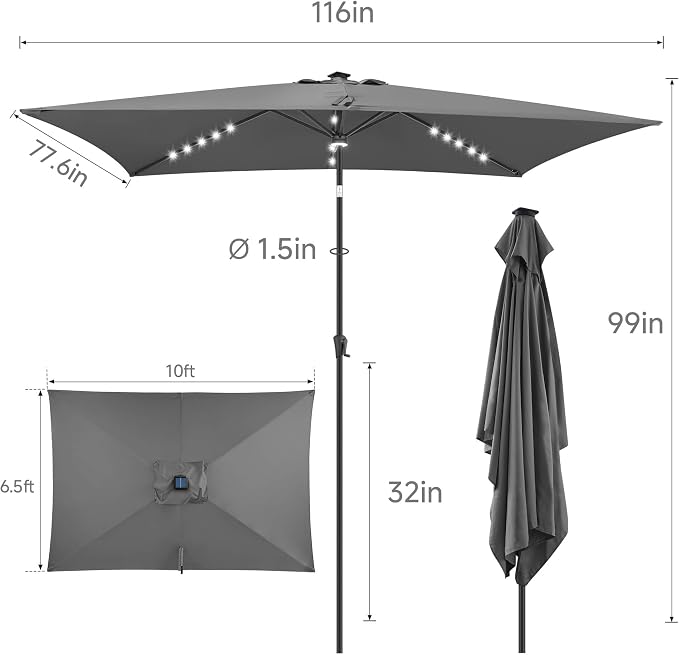 6.5x10 FT LED Lighted Rectangular Solar Patio Umbrella, Rectangular Solar Umbrella Outdoor with Center Ring Light 28 LED Lights, Rectangle Table Umbrella for Deck, Pool, Beach, Anthracite