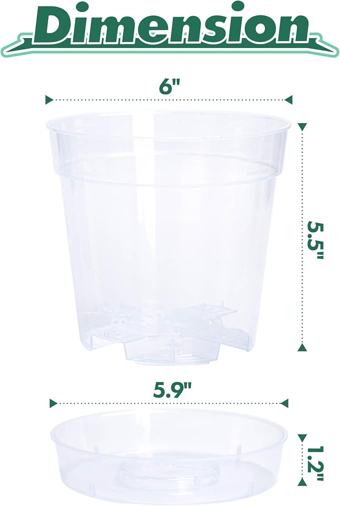 6 Inch Clear Plastic Plant Pot with Drainage Holes, Interlocking & Detachable Tray - Deep Saucer - Durable BPA-Free Plastic, Transparent Design, Raised Base for Airflow, Set of 6, 92-X-A-5