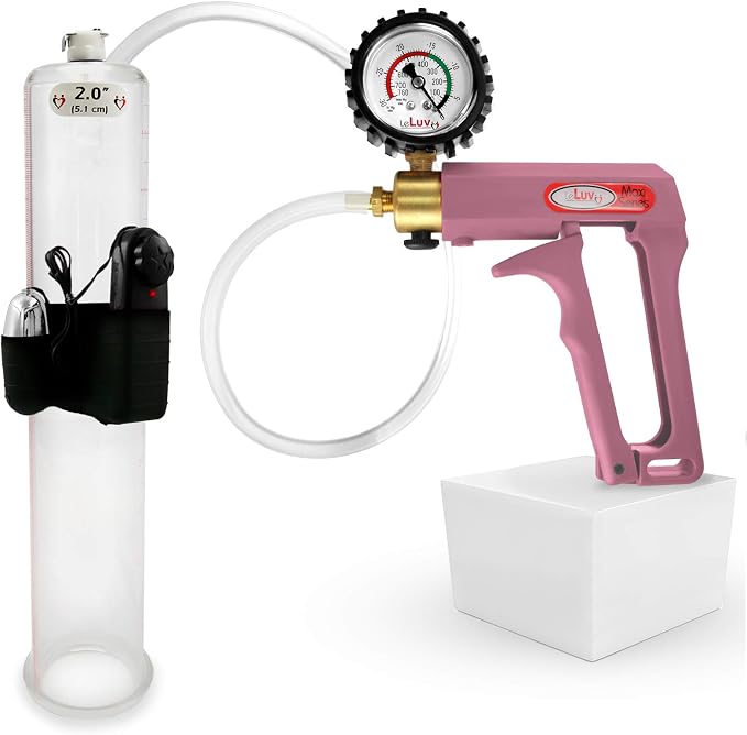 LeLuv Vibrating Penis Pump Maxi - Pink Nylon Handle + Protected Gauge - Bundle with Clear Hose - 12 inch Length x 2 inch Diameter Cylinder