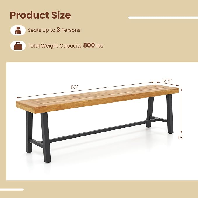 HAPPYGRILL Outdoor Acacia Wood Bench Set of 2, 63"/160 CM Long Patio Garden Dining Bench Seats up to 3 Persons, Porch Bench for Outdoors Garden, Porch, Yard, 800 LBS/360 KG Weight Capacity