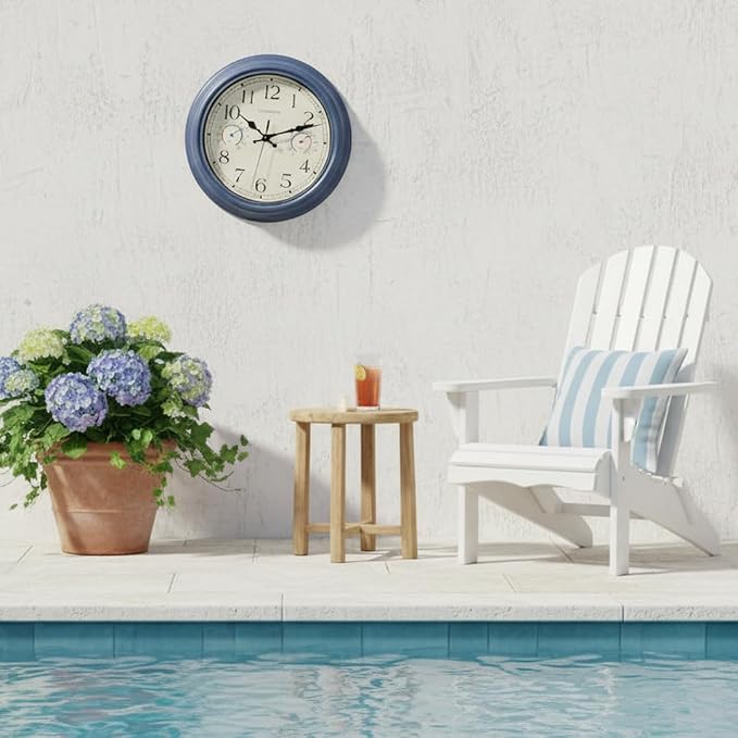 Crosstime 12 Inch Outdoor Clock Waterproof with Thermometer & Hygrometer – Silent Retro Wall Clock for Patio, Pool, Porch, Backyard, Bathroom – Blue