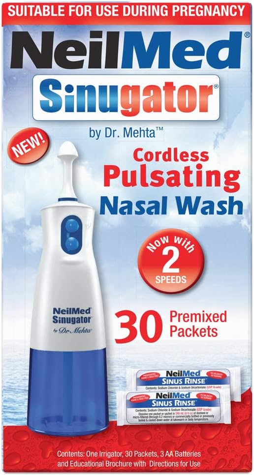 NeilMed Sinugator Cordless Pulsating Nasal Wash Kit with One Irrigator, 30 Premixed Packets and 3 AA Batteries(Pack of 1)
