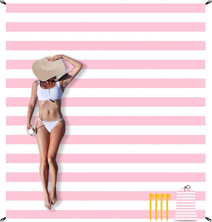 Beach Blanket Sandproof Waterproof,Extra Large Picnic Blanket 9 Ft X 10 Ft for 8 Adults with Stakes and Sand Pocket, Compact Lightweight Sand Free Beach Mat Essential- Pink Striped