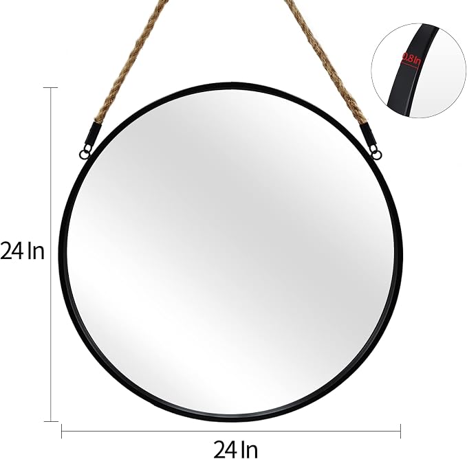 POZINO 24" Round Mirror with Black Frame, Hanging Mirror for Wall | Circle HD Mirror with Jute Rope, Anti-Rust, Farmhouse Decorative Wall Mirror for Entryway, Living Room, Fireplace, Bathroom