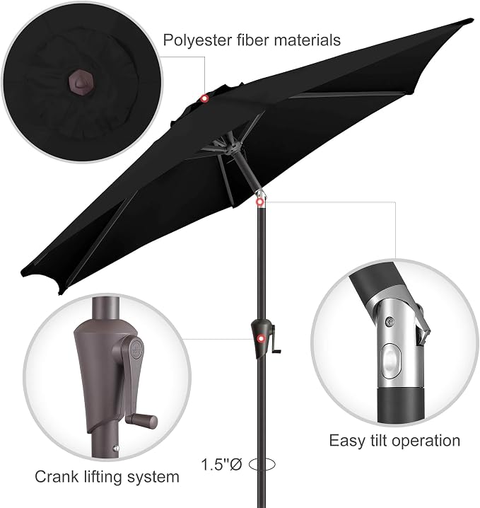 10ft Patio Umbrella Outdoor - Table Umbrella with 6 Sturdy Ribs, Market Umbrella with Push Button Tilt, UV Protection for Pool, Porch, Garden, Deck, Backyard (Black)