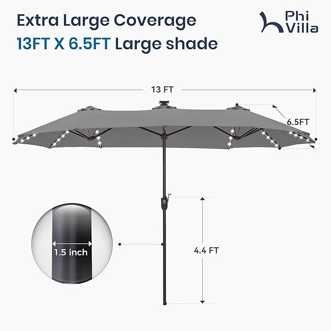 PHI VILLA 13ft Patio Umbrella with 120 PCS Solar-Powered LED Color-Changing Lights, Double-Sided Large Rectanglular Umbrella Outdoor for Table with Crank Lift,Light Grey(No Base)