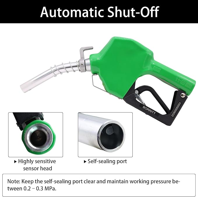 3/4" Inch NPT Auto Fuel Nozzle Automatic Shut Off Pressure Sensitive W/360° Hose Swivel Gas Fuel Transfer Pump Nozzle,13/16" Spout,Copper Valve, 16 gpm Flow Rate for Diesel,asoline,Green+Hook