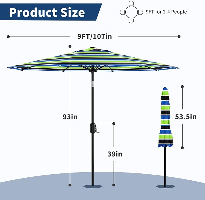 GarveeLife 9FT Patio Umbrella Outdoor, Table Umbrella with Push Button Tilt and Crank, 8 Sturdy Ribs UV Protection Waterproof for Garden, Pool, Market, Deck