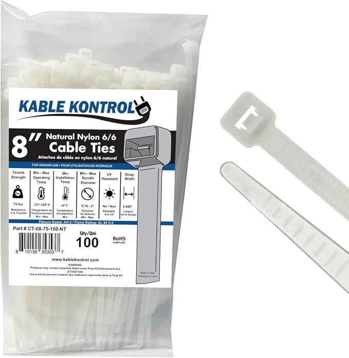 Kable Kontrol Zip Ties Natural White 8 Inch 100 Pcs, 75 Lbs Tensile Strength, Self-locking Nylon Cable Ties Wire Wraps for Indoor or Outdoor Use
