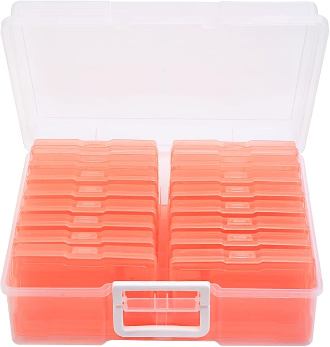 4" x 6" Photo Storage Case with Handle, 16 Inner Photo Organizer Keeper, Extra Large Storage Picture Boxes, Seed Storage, Transparent Craft Keeper (Orange)