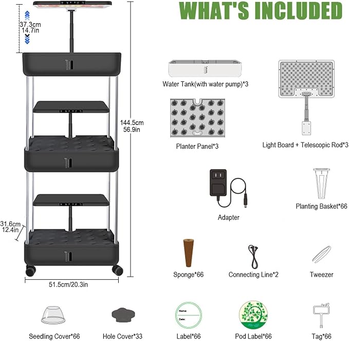 Indoor Hydroponic Garden System, 3-Tier Mobile Growing Cart with LED Lights, Adjustable Shelves, Black (3 Tiers_Black)