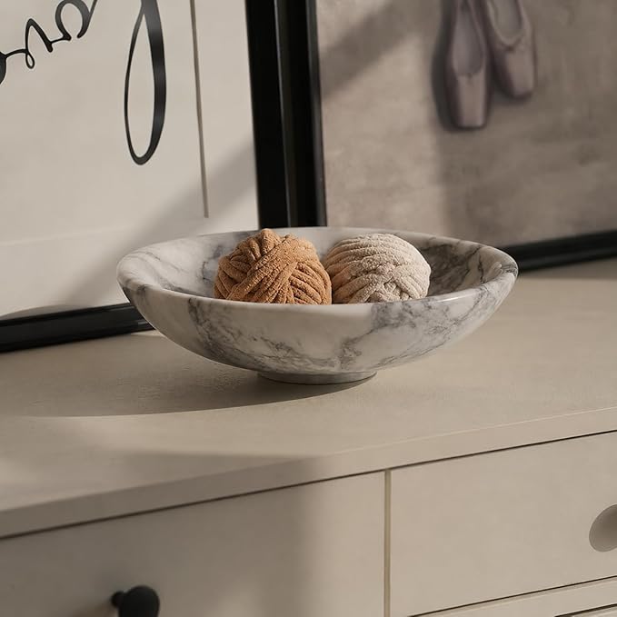 Marble Decorative Bowl Large White, Handcrafted Natural White-Grey Stone Bowl for Home Decor, 11" Large Entryway Bowl for Key, Coffee Table Bowl, Marble Fruit Bowl for Centerpiece