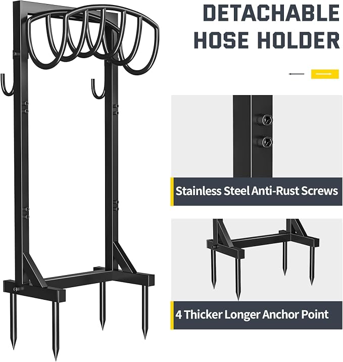 Kesfitt Garden Hose Holder Stand with 4 Spikes & 2 Tool Hooks, Detachable Heavy Duty Metal Freestanding Hose Reel Outdoor Organizer for Lawn Yard Water Storage Rack