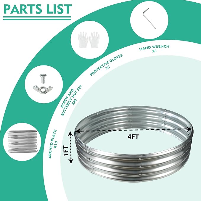 YSEJOMP 4FT Diameter Galvanized Garden Raised Bed/Plant Box/Fire Pit Ring-0.8mm Thick,12 Inch Tall,Crimped Edge and Corner,No Sharpe,Perfect for Plantings (Silver, 48 Dia X 11.5 inches)