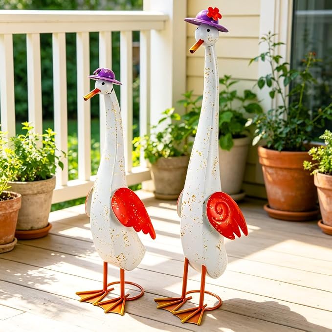 22" Duck Garden Statue Set of 2 Metal Ducks | Outdoor Yard Art Porch Animal Figurine Lawn Ornament Rustproof Yard Sculptures for Outside Patio Backyard Decorations
