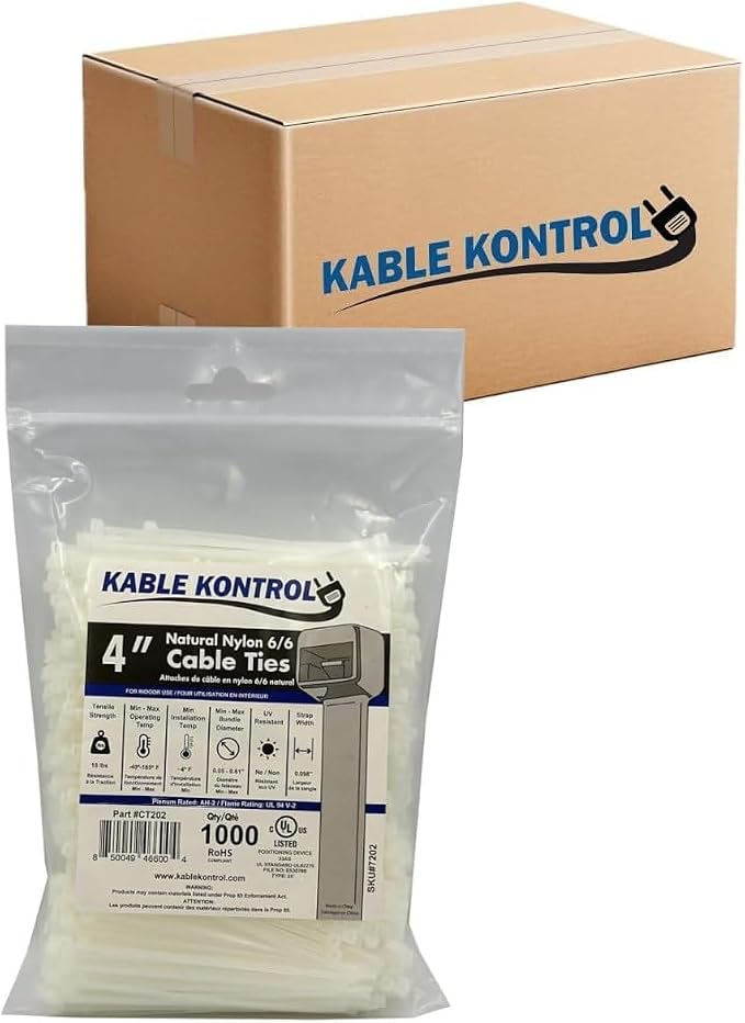 Kable Kontrol Cable Zip Ties Natural White 40,000 Pcs 4 Inch, 18 Lbs Tensile Strength, Bulk Pack, Self-locking Natural Nylon Clear Plastic Wire Ties wraps for Indoor or Outdoor Use