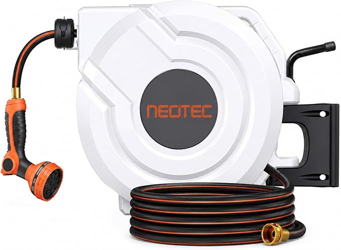 NEO-TEC 115ft 5/8" Retractable Garden Hose Reel with Auto Rewind Any Length Lock Heavy Duty Hose Reel,9-Pattern Nozzle,180°Swivel,UV Resistant Wall Mount Hose Reel for Outdoor Garden Car Patio
