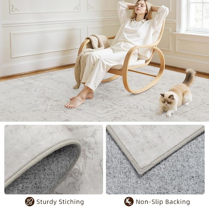 6x9 Area Rugs Living Room: Bedroom Washable Carpet Neutral Cream | Large Vintage Boho Indoor Decor Carpets Soft Nursery Farmhouse Dining Room Office Floor Non-Slip Low Pile Under Table Rug
