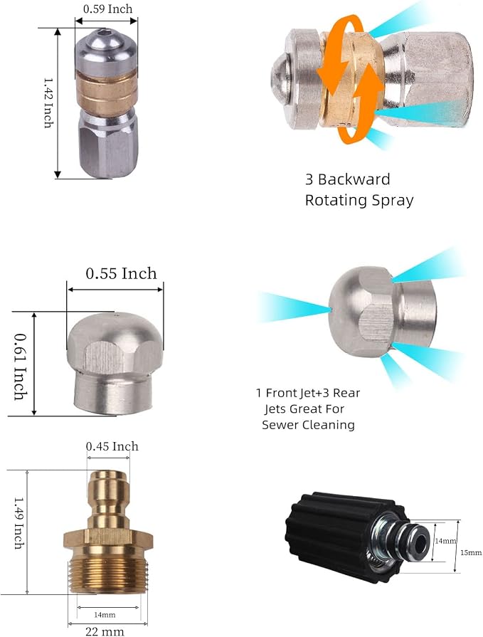 50FT 5800 PSI Pressure Washer Hose Jetter Nozzles Kit 1/8”NPT Sewer Drain Rotating Quick Connect Nozzle Button Nose With M22-14/15mm Double Rod Thread Brass Replacement
