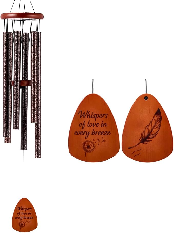 Sympathy & Memorial Wind Chimes for Outside – Deep Tone Aluminum Chimes with Mute Feature, Inspirational Quote, Feather & Dandelion Art Wooden Sail, Garden Decor (Reddish Bronze, 37 Inch)